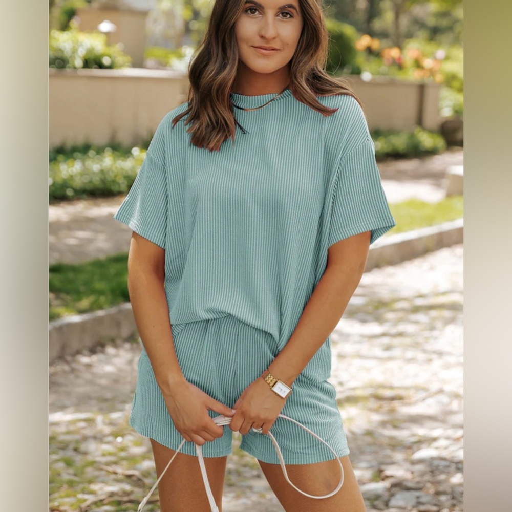 Iceland Blue Ribbed Textured Knit Loose Two-Piece Set